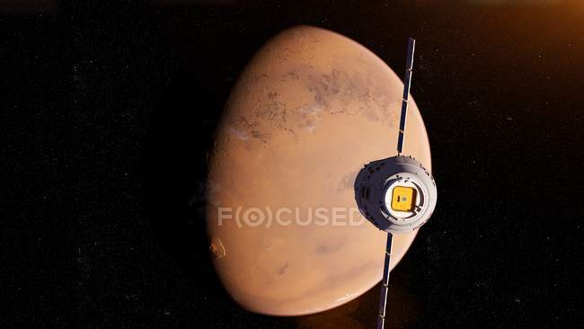 Иллюстрация исследовательского спутника, летящего перед красной поверхностью планеты Марс
. — стоковое фото