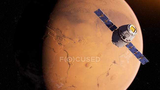 Ilustração da nave espacial satélite em frente à superfície do planeta Marte
. — Fotografia de Stock