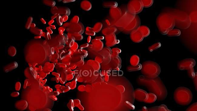 Abbildung der roten menschlichen Blutkörperchen auf schwarzem Hintergrund. — Stockfoto