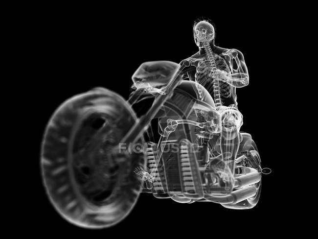 3D gerenderte Illustration des Biker-Skeletts auf schwarzem Hintergrund. — Stockfoto