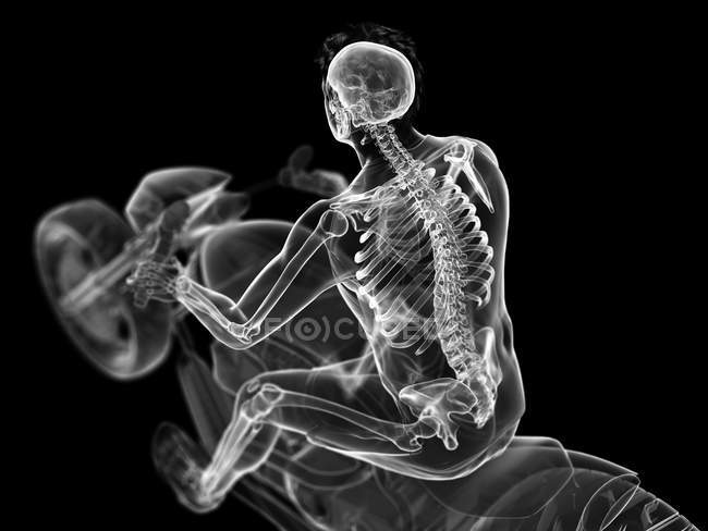 Illustrazione resa 3d dello scheletro del motociclista su sfondo nero . — Foto stock