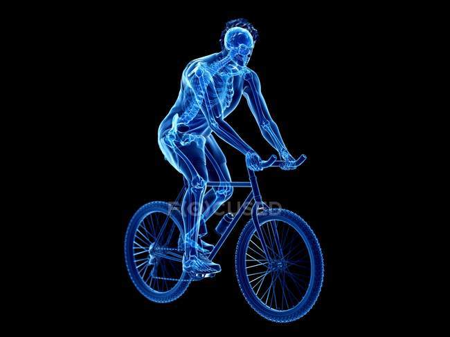 3d rendered illustration of skeleton in silhouette of male cyclist on black background. — Stock Photo
