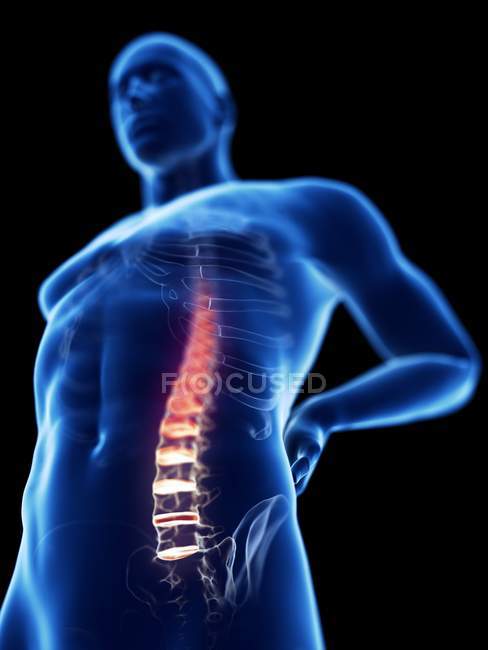 Baixo ângulo vista 3d renderizado ilustração de silhueta azul do homem com dor nas costas . — Fotografia de Stock