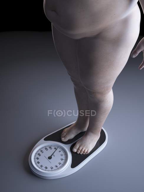 Ilustración de la sección baja del hombre obeso en la escala de peso . - foto de stock