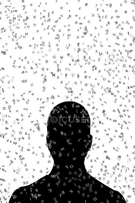 Schwarzer menschlicher Kopf mit Buchstaben des englischen Alphabets, digitale Illustration. — Stockfoto