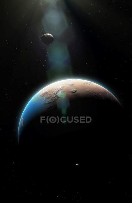 Видение иллюстрации планеты Марс покрытой морями и океанами в прошлом к области Тарсис, показывая массивные вулканы, в том числе Олимп Монс, Марсианские луны, Фобос и Деймос . — стоковое фото