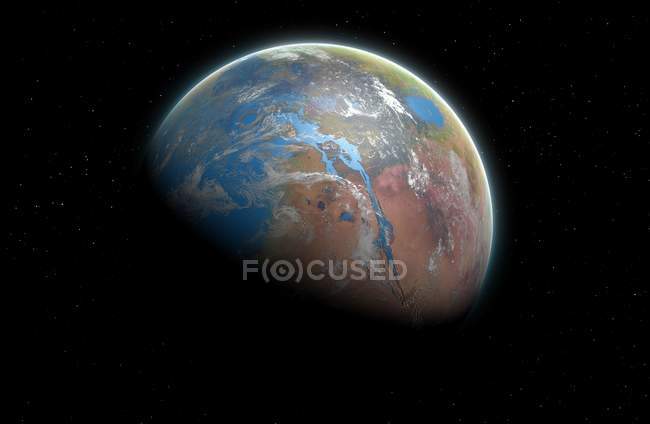 Vision illustration of planet Mars covered in seas and oceans in past with vast canyon system of Valles Marineris, flooded with water. — Stock Photo