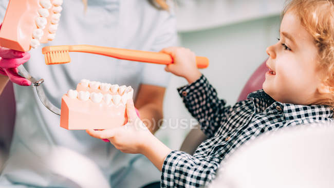 Маленька дівчинка в стоматологічній клініці вивчає чищення зубів правильно з ортодонта жінки . — стокове фото