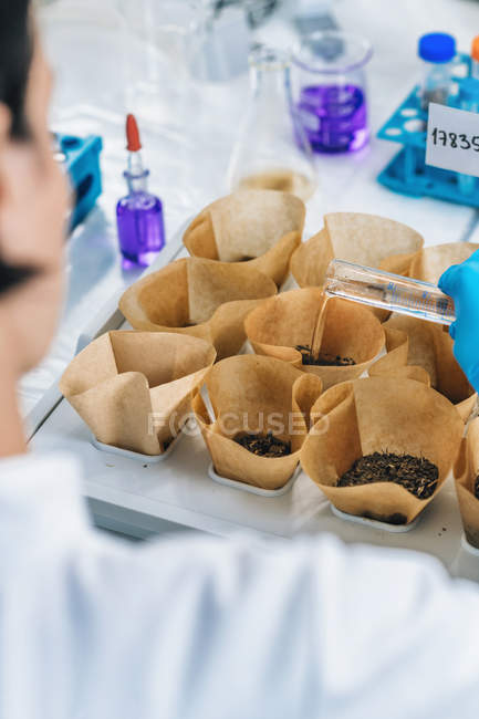 Agronomy technician pouring water in soil samples. — Stock Photo