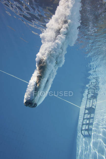 Mergulhador masculino nadando com salpicos subaquáticos após salto atlético na piscina . — Fotografia de Stock
