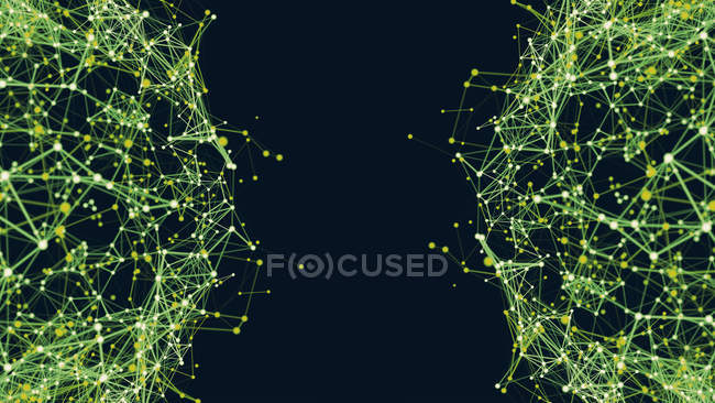 Connected lines and dots network, green on black background illustration. — Stock Photo