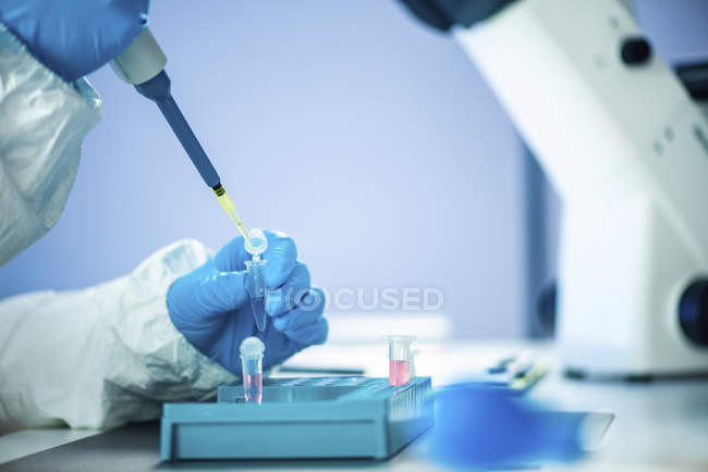 Hands of female researcher using micropipette and tubes. — Stock Photo