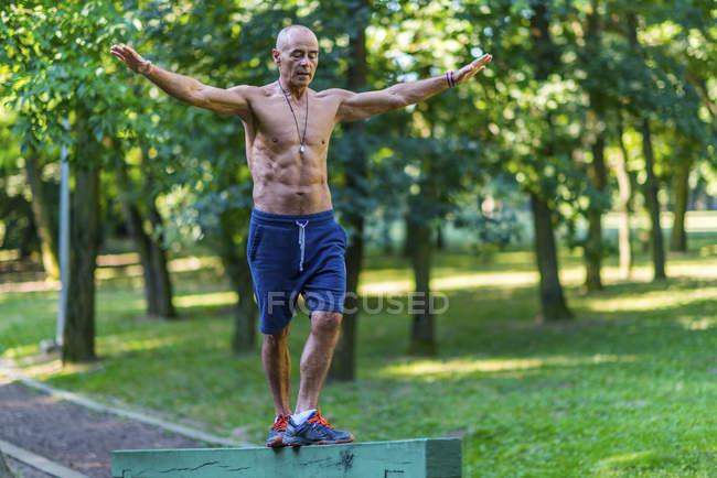 Ajuste hombre mayor haciendo ejercicio en el bar en el parque de verano . - foto de stock