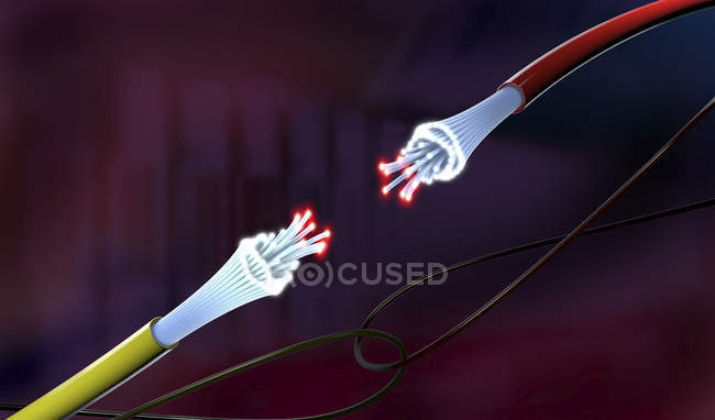 3d иллюстрация оптических световых направляющих кабелей различных цветов с открытыми концами, которые ярко светятся . — стоковое фото