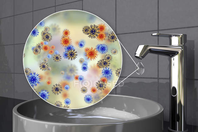 Safety of drinking water. Conceptual illustration showing pathogenic viruses in drop of tap water. — Stock Photo