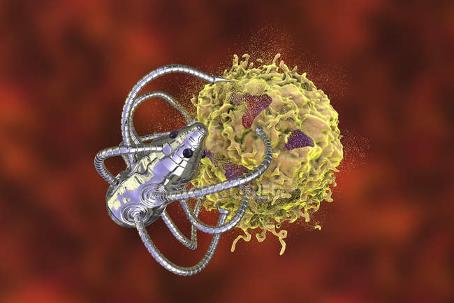 Conceptual digital illustration of medical nanorobot attacking cancerous cell. — Stock Photo