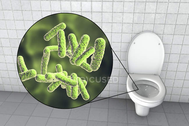 Microbios del inodoro en la superficie del asiento contaminada en el armario de agua, ilustración digital conceptual . - foto de stock