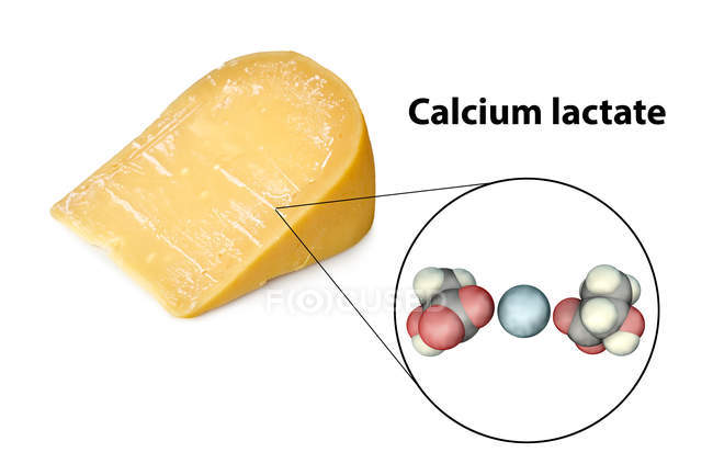 Calciumlaktatkristalle auf Käseoberfläche mit digitaler Nahaufnahme des Calciumlaktatmoleküls. — Stockfoto