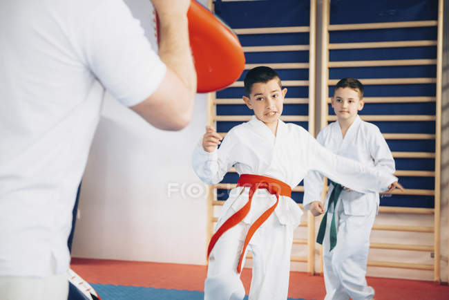 Meninos da idade elementar na aula de taekwondo com treinador . — Fotografia de Stock