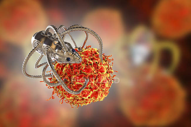 Ilustración digital conceptual de nanorobot médico atacando células cancerosas
. - foto de stock