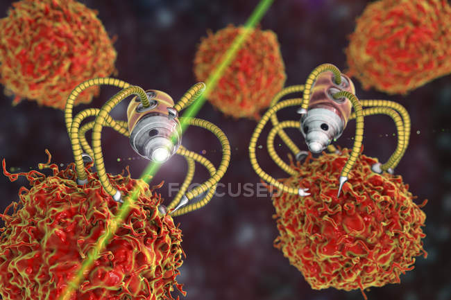 Ilustración digital conceptual de nanorobots médicos que atacan células cancerosas . - foto de stock