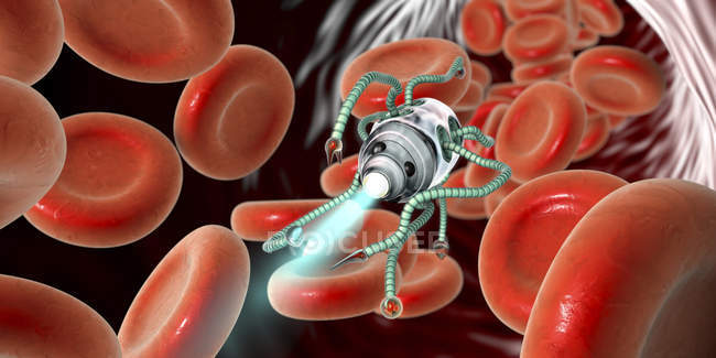 Medizinischer Nanoroboter in Blutgefäßen, digitale Illustration. — Stockfoto