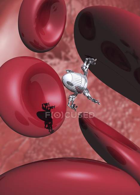 Nanobot im Blut mit roten Erythrozyten, digitale Illustration. — Stockfoto