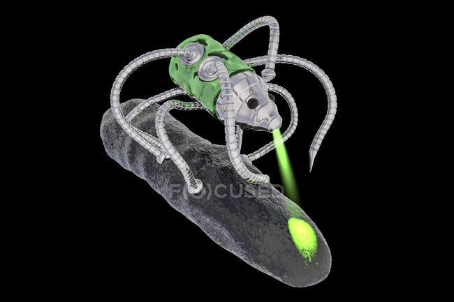 Digitale Illustration eines Nanoroboters, der das stäbchenförmige Bakterium mit Laserstrahl angreift. — Stockfoto