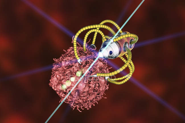 Концептуальная цифровая иллюстрация того, что медицинский наноробот атакует раковые клетки
. — стоковое фото