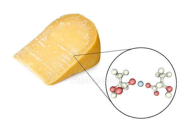 Cristalli di lattato di calcio sulla superficie del formaggio con illustrazione digitale ravvicinata della molecola di lattato di calcio . — Foto stock