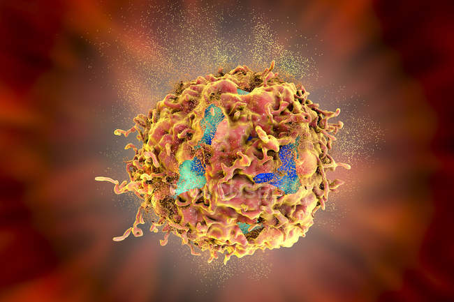 Destruction of cancer cell, digital conceptual illustration illustrating treatment of cancer by drugs, nanoparticles and antibodies. — Stock Photo