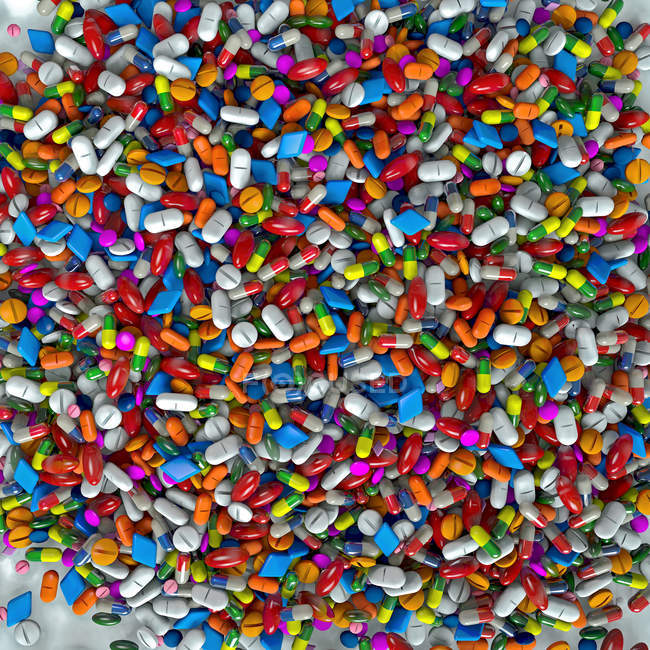 Muchos comprimidos coloridos, pastillas y medicamentos, ilustración digital . - foto de stock