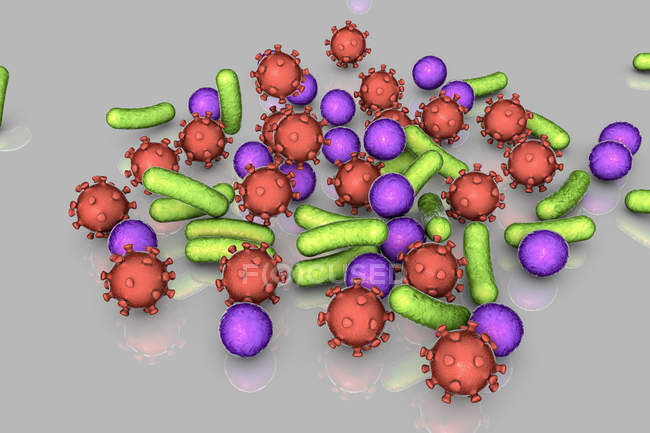 Bakterien und Viren in verschiedenen Formen, digitale Illustration. — Stockfoto