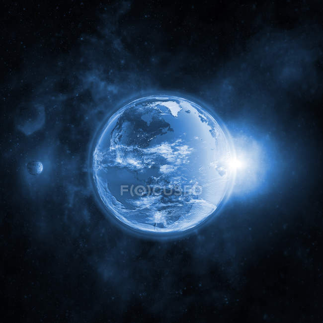 Planet Earth in outer space with Moon, atmosphere and sunlight. — Stock Photo