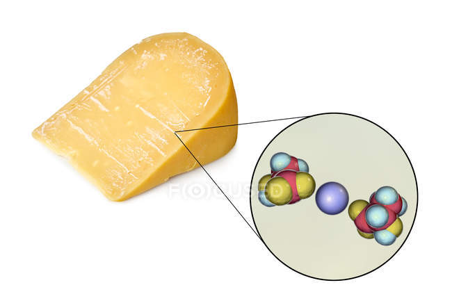 Кристаллы лактата кальция на поверхности сыра с крупным планом цифровой иллюстрации молекулы лактата кальция . — стоковое фото