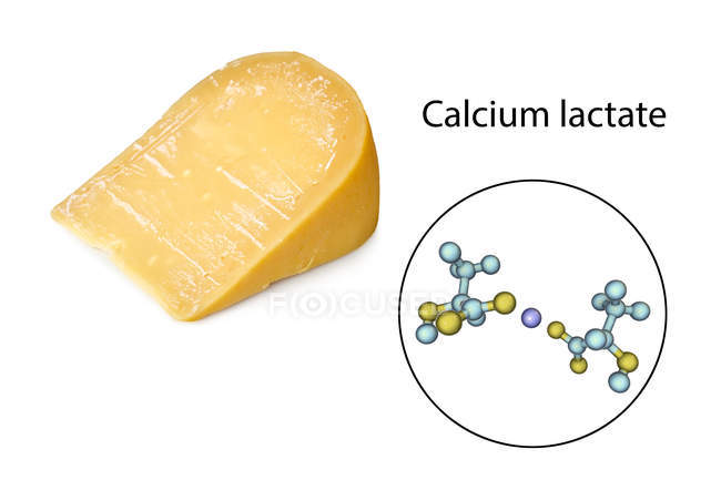 Лактатний кристали кальцію на поверхні сиру з крупним планом Цифрова ілюстрація молекули кальцію лактату. — стокове фото
