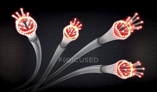 3d ілюстрація оптичних світлових направляючих кабелів сірого і червоного кольорів з відкритими кінцями, які яскраво сяють . — стокове фото