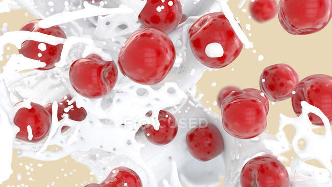 3d illustration of close-up of fruit drink with cream and cherries. — Stock Photo