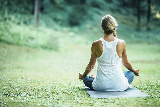 Задний вид женщины занимающейся йогой, сидящей в позе лотоса на коврике в парке . — стоковое фото