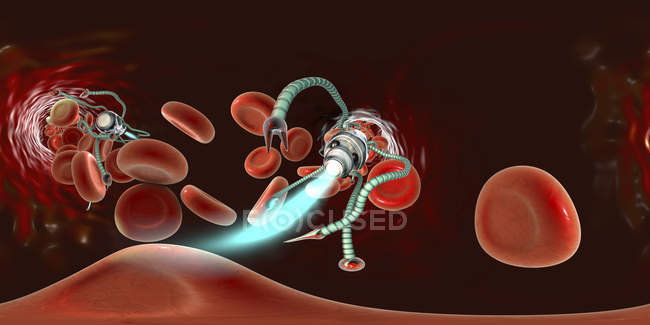 Медицинский наноробот в кровеносных сосудах человека, панорамная цифровая иллюстрация
. — стоковое фото