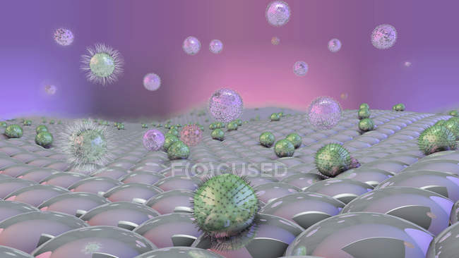 3D ілюстрація вірусу та бактерій над блискучою поверхнею. — стокове фото