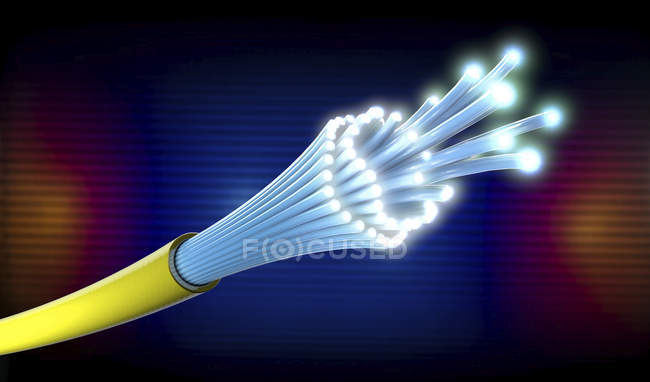 3d иллюстрация оптического светового кабеля желтого цвета с открытыми концами, которые ярко светятся . — стоковое фото