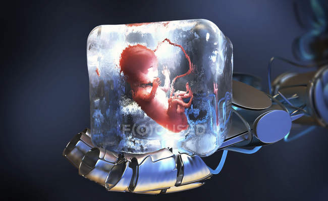 3d illustration of cryopreserved foetus frozen into ice cube held by robotic arm. — Stock Photo