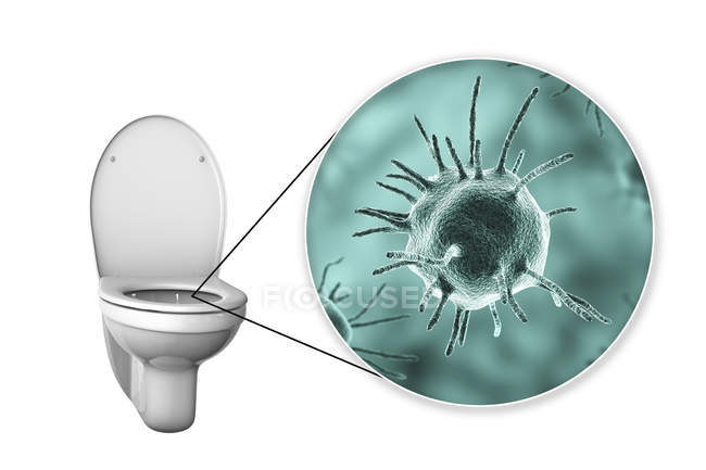 Microbe de toilette affleurant sur surface contaminée, illustration numérique conceptuelle sur fond blanc
. — Photo de stock