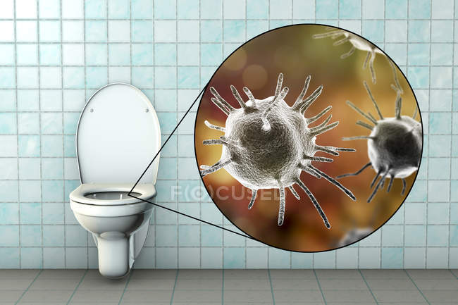 Toilet microbes on contaminated seat surface, conceptual digital illustration. — Stock Photo