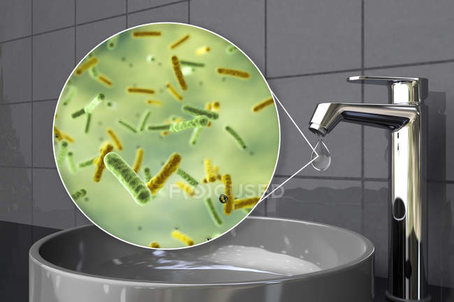 Безпека питної води. Концептуальна ілюстрація, що показує мікроби у краплині води з водопровідної. — стокове фото