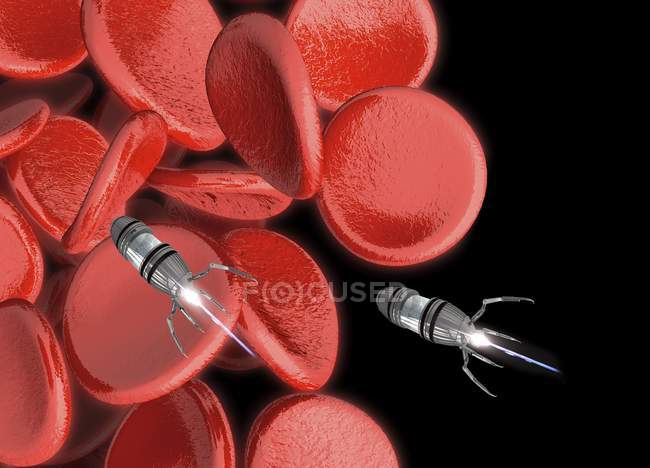 Nanobot en el torrente sanguíneo con eritrocitos rojos, ilustración digital . - foto de stock