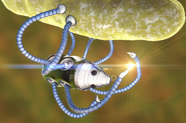 Digital illustration of nanorobot carrying rod-shaped bacterium. — Stock Photo