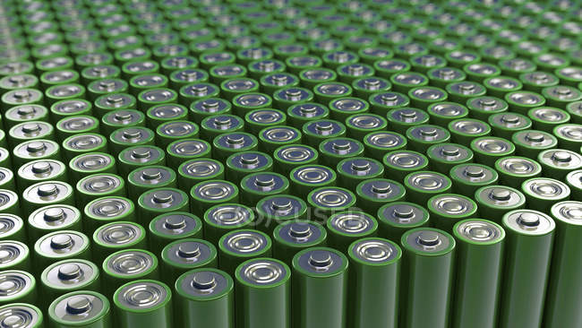 Ilustração 3d de centenas de baterias verdes tudo em fileiras
. — Fotografia de Stock