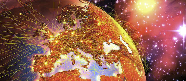 3d ilustración del espacio aéreo y las vías aéreas que conectan las ciudades de Europa en la Tierra . - foto de stock